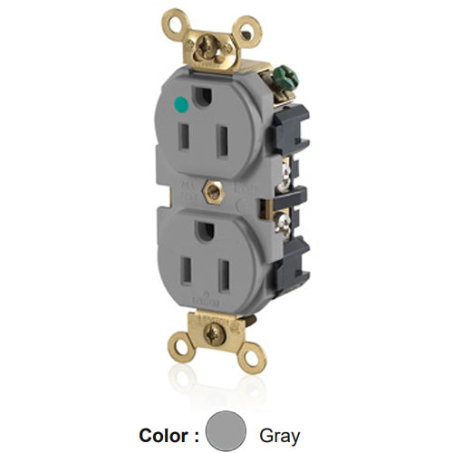 Leviton MRI82-GY, Standard Straight Blade MRI Duplex Receptacle, Extra Heavy-Duty Hospital Grade, Smooth Face, 15A 125V, NEMA 5-15R, 2-Pole, 3-Wire, Back and Side Wire, Gray
