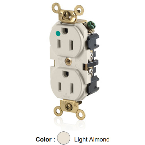 Leviton MRI82-T, Standard Straight Blade MRI Duplex Receptacle, Extra Heavy-Duty Hospital Grade, Smooth Face, 15A 125V, NEMA 5-15R, 2-Pole, 3-Wire, Back and Side Wire, Light Almond