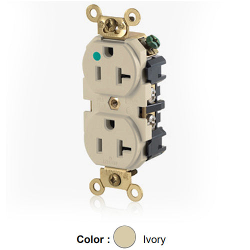 Leviton MRI83-I, Standard Straight Blade MRI Duplex Receptacle, Extra Heavy-Duty Hospital Grade, Smooth Face, 20A 125V, NEMA 5-20R, 2-Pole, 3-Wire, Back and Side Wire, Ivory