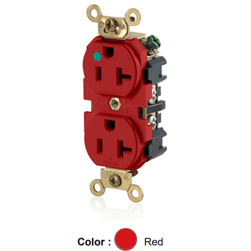 Leviton MRI83-R, Standard Straight Blade MRI Duplex Receptacle, Extra Heavy-Duty Hospital Grade, Smooth Face, 20A 125V, NEMA 5-20R, 2-Pole, 3-Wire, Back and Side Wire, Red