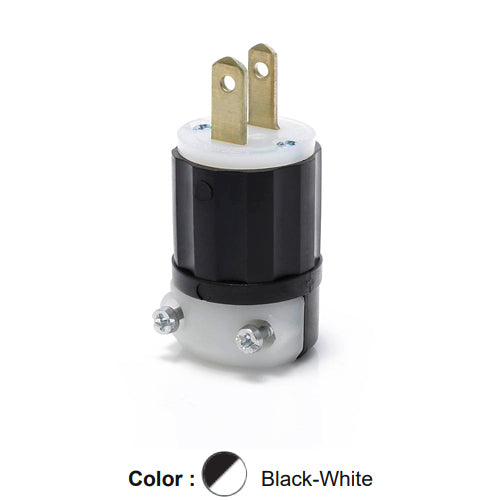 Leviton MS2-P, Midget Straight Blade Plug, Industrial Grade, 15A 125V, NEMA 1-15P, 2-Pole, 2-Wire, Non-Grounding, Black/White