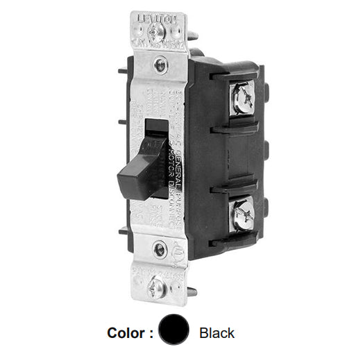 Leviton MS302-DSS, Single-Phase Single Throw AC Manual Motor Controller Component Switch, Suitable as Motor Disconnect, Short Toggle, Industrial Grade, 30 Amp, 600 Volt, 2-Pole, Non-Grounding, Back & Side Wiring, Black