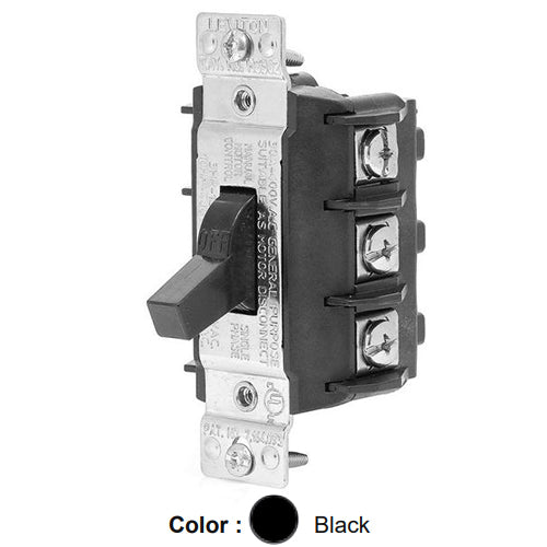 Leviton MS303-DS, Three-Phase Single Throw AC Manual Motor Controller Component Switch, Suitable as Motor Disconnect, Standard Toggle, Industrial Grade, 30 Amp, 600 Volt, 3-Pole, Non-Grounding, Back & Side Wiring, Black