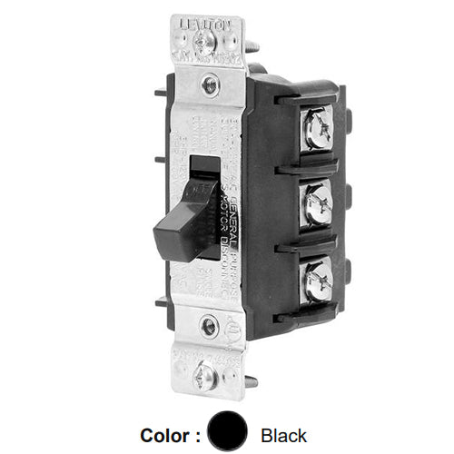Leviton MS303-DSS, Three-Phase Single Throw AC Manual Motor Controller Component Switch, Suitable as Motor Disconnect, Short Toggle, Industrial Grade, 30 Amp, 600 Volt, 3-Pole, Non-Grounding, Back & Side Wiring, Black
