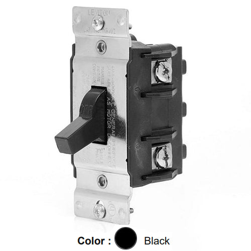 Leviton MS402-DS, Single-Phase Single Throw AC Manual Motor Controller Component Switch, Suitable as Motor Disconnect, Standard Toggle, Industrial Grade, 40 Amp, 600 Volt, 2-Pole, Non-Grounding, Back & Side Wiring, Black
