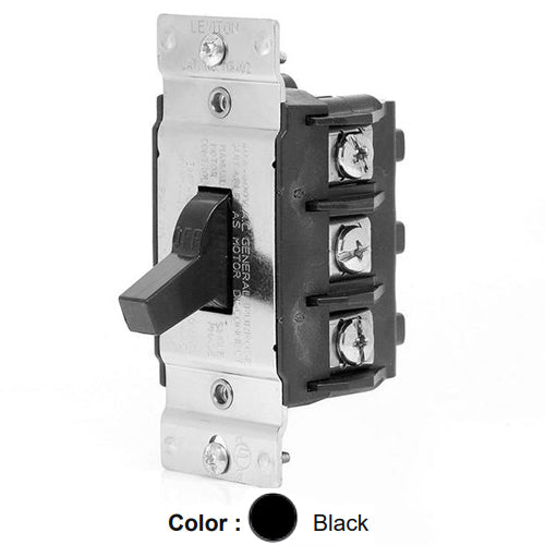 Leviton MS403-DS, Three-Phase Single Throw AC Manual Motor Controller Component Switch, Suitable as Motor Disconnect, Standard Toggle, Industrial Grade, 40 Amp, 600 Volt, 3-Pole, Non-Grounding, Back & Side Wiring, Black