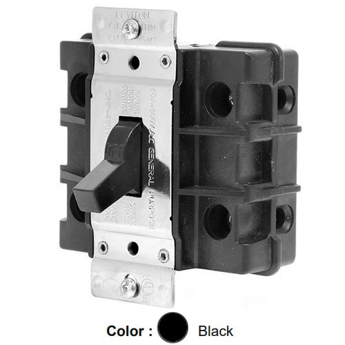 Leviton MS602-FW, Single Phase Single Throw AC Manual Motor Controller Component Switch, Standard Toggle, Industrial Grade, 60 Amp, 600 Volt, 2-Pole, Non-Grounding, Front Wired, Black