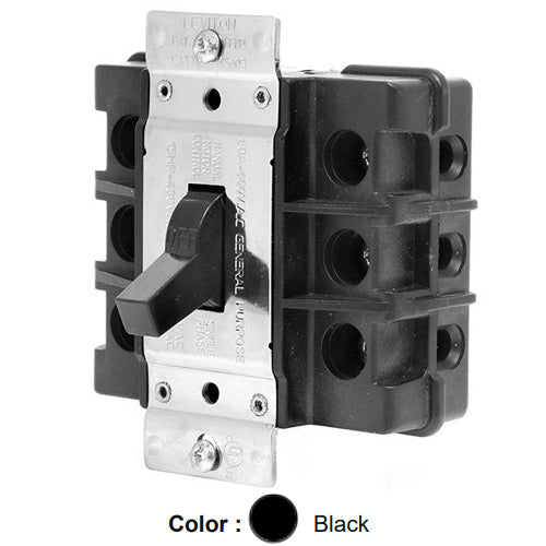 Leviton MS603-FW, Three-Phase Single Throw AC Manual Motor Controller Component Switch, Standard Toggle, Industrial Grade, 60 Amp, 600 Volt, 3-Pole, Non-Grounding, Front Wired, Black