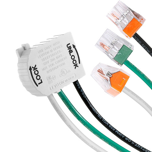 Leviton MSTWL-WST, Wiring Module for Lev-Lok Receptacles, 20 Amp, 125 Volt, 2-Pole, 3-Wire, 6'' THHN #12 AWG Stranded Wire Leads with 4-Port Push Wire Connectors, White