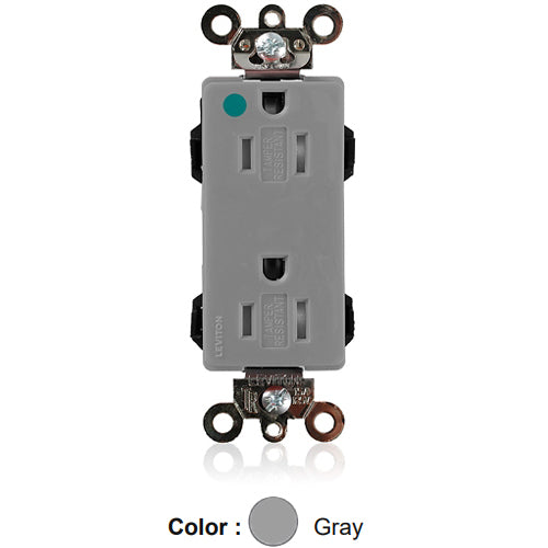 Leviton MT162-HGG, Lev-Lok Decora Plus Straight Blade Duplex Receptacle, Extra Heavy-Duty Hospital Grade, Tamper-Resistant, Smooth Face, 15A 125V, NEMA 5-15R, 2-Pole, 3-Wire, Modular Terminals, Gray