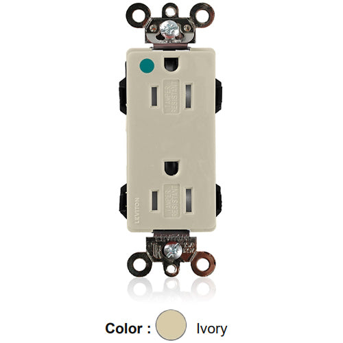 Leviton MT162-HGI, Lev-Lok Decora Plus Straight Blade Duplex Receptacle, Extra Heavy-Duty Hospital Grade, Tamper-Resistant, Smooth Face, 15A 125V, NEMA 5-15R, 2-Pole, 3-Wire, Modular Terminals, Ivory