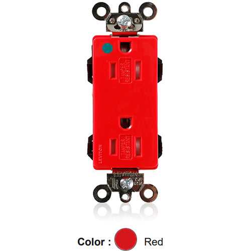 Leviton MT162-HGR, Lev-Lok Decora Plus Straight Blade Duplex Receptacle, Extra Heavy-Duty Hospital Grade, Tamper-Resistant, Smooth Face, 15A 125V, NEMA 5-15R, 2-Pole, 3-Wire, Modular Terminals, Red