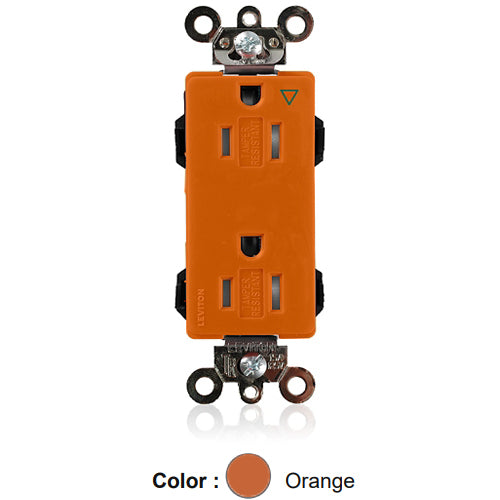 Leviton MT162-IG, Lev-Lok Decora Plus Straight Blade Duplex Receptacle, Heavy-Duty Industrial Specification Grade, Isolated Ground, Tamper-Resistant, Smooth Face, 15A 125V, NEMA 5-15R, 2-Pole, 3-Wire, Modular Terminals, Orange