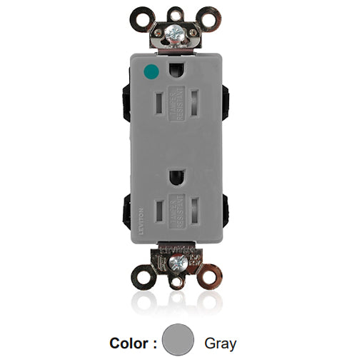 Leviton MT162-ILG, Lev-Lok Decora Plus Straight Blade Duplex Receptacle, Extra Heavy-Duty Hospital Grade, Tamper-Resistant, Illuminated, Smooth Face, 15A 125V, NEMA 5-15R, 2-Pole, 3-Wire, Modular Terminals, Gray