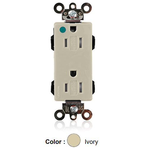 Leviton MT162-ILI, Lev-Lok Decora Plus Straight Blade Duplex Receptacle, Extra Heavy-Duty Hospital Grade, Tamper-Resistant, Illuminated, Smooth Face, 15A 125V, NEMA 5-15R, 2-Pole, 3-Wire, Modular Terminals, Ivory