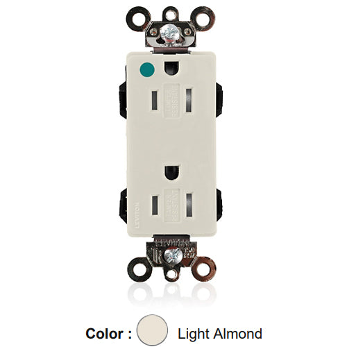 Leviton MT162-ILT, Lev-Lok Decora Plus Straight Blade Duplex Receptacle, Extra Heavy-Duty Hospital Grade, Tamper-Resistant, Illuminated, Smooth Face, 15A 125V, NEMA 5-15R, 2-Pole, 3-Wire, Modular Terminals, Light Almond