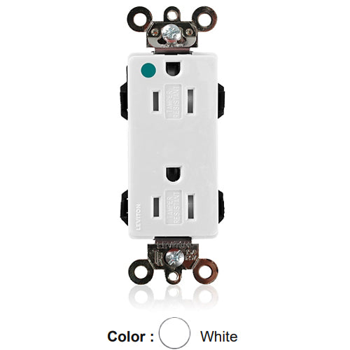 Leviton MT162-ILW, Lev-Lok Decora Plus Straight Blade Duplex Receptacle, Extra Heavy-Duty Hospital Grade, Tamper-Resistant, Illuminated, Smooth Face, 15A 125V, NEMA 5-15R, 2-Pole, 3-Wire, Modular Terminals, White