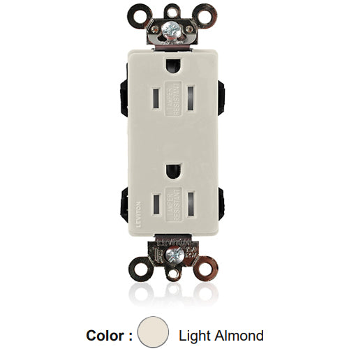 Leviton MT162-T, Lev-Lok Decora Plus Straight Blade Duplex Receptacle, Heavy-Duty Industrial Specification Grade, Tamper-Resistant, Smooth Face, 15A 125V, NEMA 5-15R, 2-Pole, 3-Wire, Modular Terminals, Light Almond