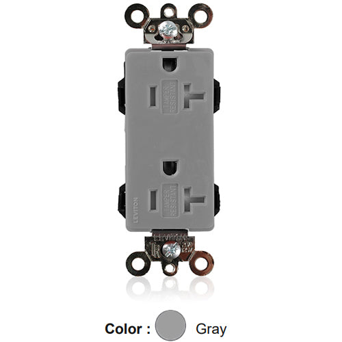 Leviton MT163-GY, Lev-Lok Decora Plus Straight Blade Duplex Receptacle, Heavy-Duty Industrial Specification Grade, Tamper-Resistant, Smooth Face, 20A 125V, NEMA 5-20R, 2-Pole, 3-Wire, Modular Terminals, Gray