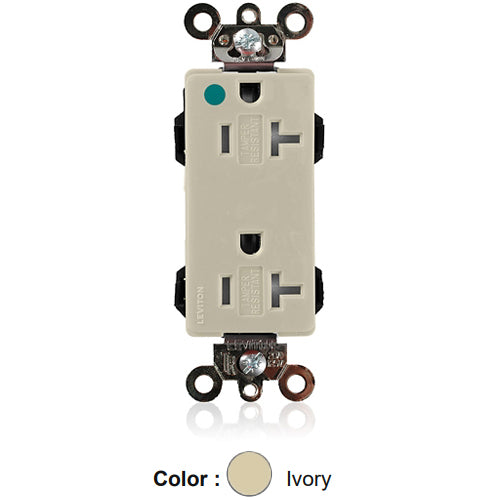 Leviton MT163-HGI, Lev-Lok Decora Plus Straight Blade Duplex Receptacle, Extra Heavy-Duty Hospital Grade, Tamper-Resistant, Smooth Face, 20A 125V, NEMA 5-20R, 2-Pole, 3-Wire, Modular Terminals, Ivory