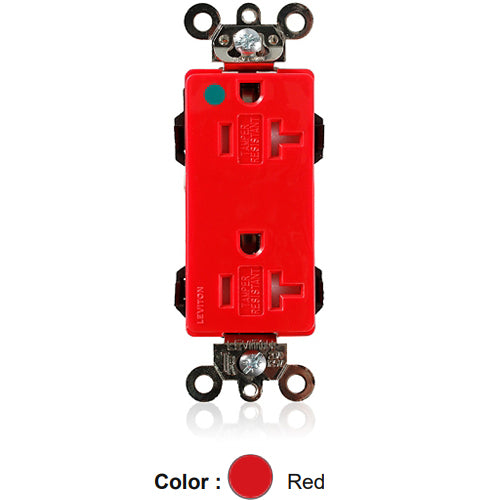 Leviton MT163-HGR, Lev-Lok Decora Plus Straight Blade Duplex Receptacle, Extra Heavy-Duty Hospital Grade, Tamper-Resistant, Smooth Face, 20A 125V, NEMA 5-20R, 2-Pole, 3-Wire, Modular Terminals, Red