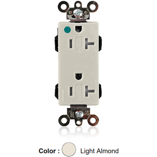 Leviton MT163-HGT, Lev-Lok Decora Plus Straight Blade Duplex Receptacle, Extra Heavy-Duty Hospital Grade, Tamper-Resistant, Smooth Face, 20A 125V, NEMA 5-20R, 2-Pole, 3-Wire, Modular Terminals, Light Almond
