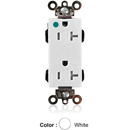 Leviton MT163-HGW, Lev-Lok Decora Plus Straight Blade Duplex Receptacle, Extra Heavy-Duty Hospital Grade, Tamper-Resistant, Smooth Face, 20A 125V, NEMA 5-20R, 2-Pole, 3-Wire, Modular Terminals, White