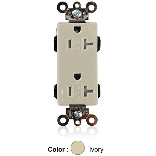 Leviton MT163-I, Lev-Lok Decora Plus Straight Blade Duplex Receptacle, Heavy-Duty Industrial Specification Grade, Tamper-Resistant, Smooth Face, 20A 125V, NEMA 5-20R, 2-Pole, 3-Wire, Modular Terminals, Ivory