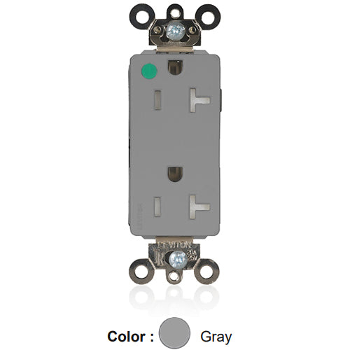 Leviton MT163-ILG, Lev-Lok Decora Plus Straight Blade Duplex Receptacle, Extra Heavy-Duty Hospital Grade, Tamper-Resistant, Illuminated, Smooth Face, 20A 125V, NEMA 5-20R, 2-Pole, 3-Wire, Modular Terminals, Gray