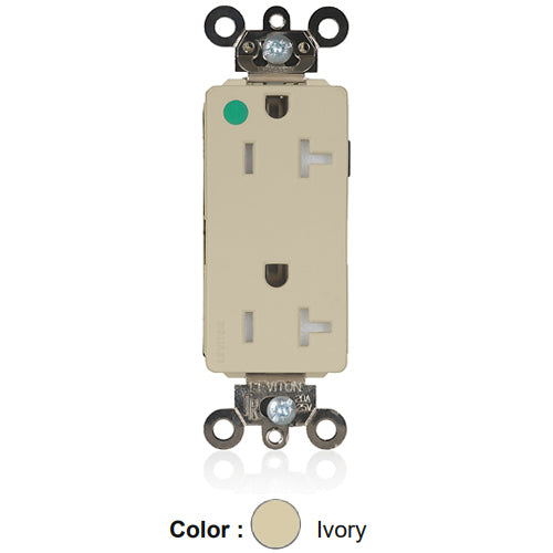 Leviton MT163-ILI, Lev-Lok Decora Plus Straight Blade Duplex Receptacle, Extra Heavy-Duty Hospital Grade, Tamper-Resistant, Illuminated, Smooth Face, 20A 125V, NEMA 5-20R, 2-Pole, 3-Wire, Modular Terminals, Ivory