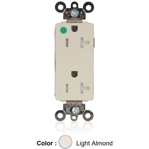 Leviton MT163-ILT, Lev-Lok Decora Plus Straight Blade Duplex Receptacle, Extra Heavy-Duty Hospital Grade, Tamper-Resistant, Illuminated, Smooth Face, 20A 125V, NEMA 5-20R, 2-Pole, 3-Wire, Modular Terminals, Light Almond