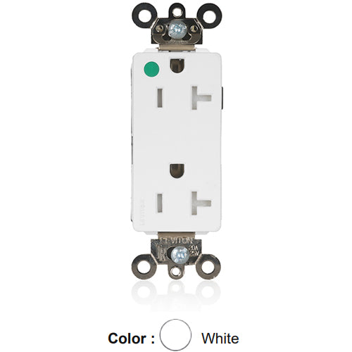 Leviton MT163-ILW, Lev-Lok Decora Plus Straight Blade Duplex Receptacle, Extra Heavy-Duty Hospital Grade, Tamper-Resistant, Illuminated, Smooth Face, 20A 125V, NEMA 5-20R, 2-Pole, 3-Wire, Modular Terminals, White