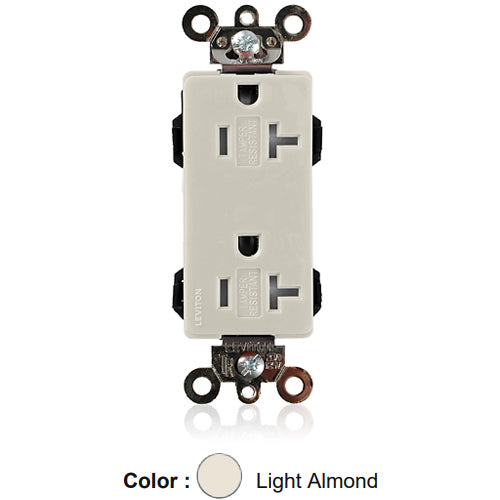 Leviton MT163-T, Lev-Lok Decora Plus Straight Blade Duplex Receptacle, Heavy-Duty Industrial Specification Grade, Tamper-Resistant, Smooth Face, 20A 125V, NEMA 5-20R, 2-Pole, 3-Wire, Modular Terminals, Light Almond
