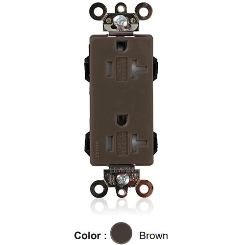 Leviton MT163, Lev-Lok Decora Plus Straight Blade Duplex Receptacle, Heavy-Duty Industrial Specification Grade, Tamper-Resistant, Smooth Face, 20A 125V, NEMA 5-20R, 2-Pole, 3-Wire, Modular Terminals, Brown