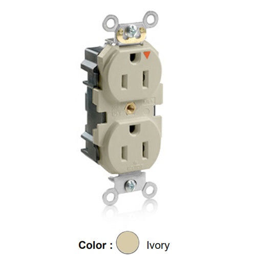 Leviton MT562-IGI, Lev-Lok Straight Blade Duplex Receptacle, Heavy-Duty Industrial Specification Grade, Smooth Face, Tamper-Resistant, Isolated Ground, 15A 125V, NEMA 5-15R, 2-Pole, 3-Wire, Modular Terminals, Ivory