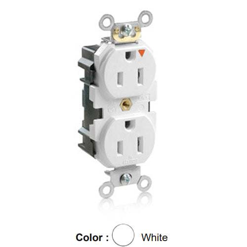 Leviton MT562-IGW, Lev-Lok Straight Blade Duplex Receptacle, Heavy-Duty Industrial Specification Grade, Smooth Face, Tamper-Resistant, Isolated Ground, 15A 125V, NEMA 5-15R, 2-Pole, 3-Wire, Modular Terminals, White