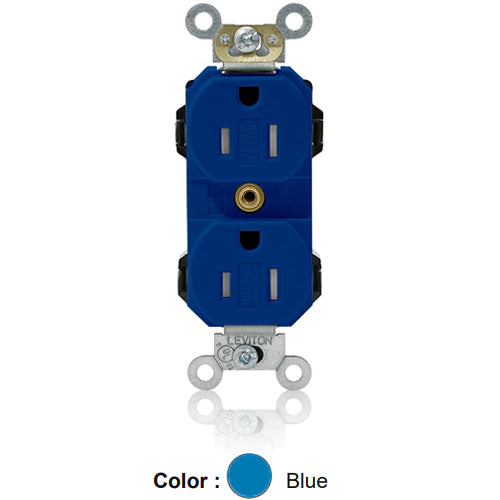 Leviton MT562-SB, Lev-Lok Straight Blade Duplex Receptacle, Heavy-Duty Industrial Specification Grade, Smooth Face, Tamper-Resistant, 15A 125V, NEMA 5-15R, 2-Pole, 3-Wire, Modular Terminals, Blue