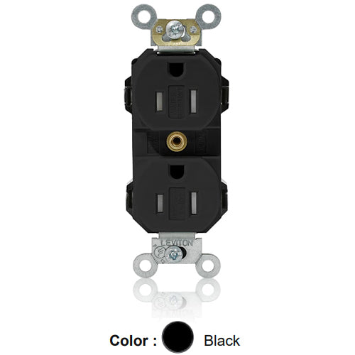 Leviton MT562-SE, Lev-Lok Straight Blade Duplex Receptacle, Heavy-Duty Industrial Specification Grade, Smooth Face, Tamper-Resistant, 15A 125V, NEMA 5-15R, 2-Pole, 3-Wire, Modular Terminals, Black