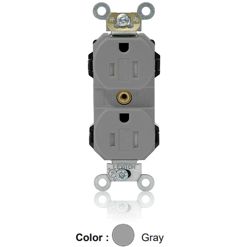 Leviton MT562-SGY, Lev-Lok Straight Blade Duplex Receptacle, Heavy-Duty Industrial Specification Grade, Smooth Face, Tamper-Resistant, 15A 125V, NEMA 5-15R, 2-Pole, 3-Wire, Modular Terminals, Gray