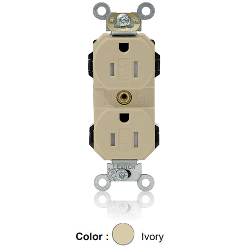 Leviton MT562-SI, Lev-Lok Straight Blade Duplex Receptacle, Heavy-Duty Industrial Specification Grade, Smooth Face, Tamper-Resistant, 15A 125V, NEMA 5-15R, 2-Pole, 3-Wire, Modular Terminals, Ivory