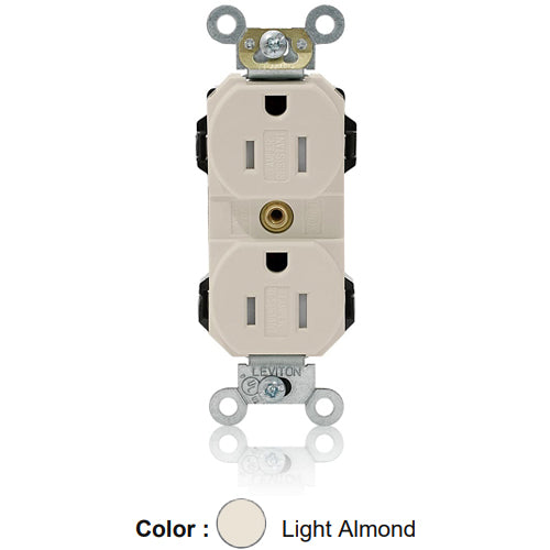Leviton MT562-ST, Lev-Lok Straight Blade Duplex Receptacle, Heavy-Duty Industrial Specification Grade, Smooth Face, Tamper-Resistant, 15A 125V, NEMA 5-15R, 2-Pole, 3-Wire, Modular Terminals, Light Almond