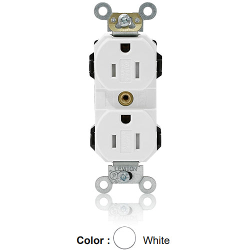 Leviton MT562-SW, Lev-Lok Straight Blade Duplex Receptacle, Heavy-Duty Industrial Specification Grade, Smooth Face, Tamper-Resistant, 15A 125V, NEMA 5-15R, 2-Pole, 3-Wire, Modular Terminals, White