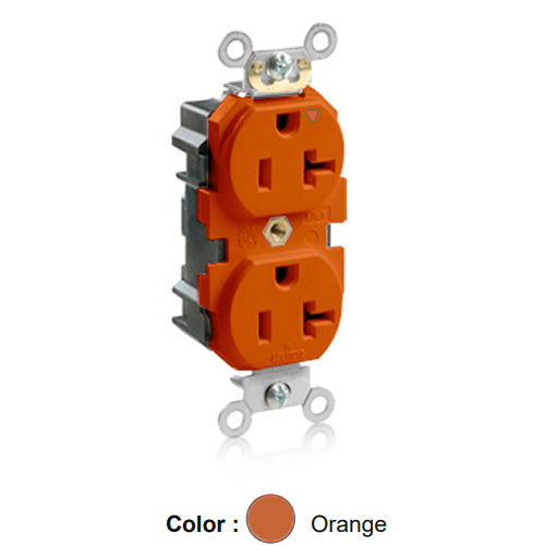 Leviton MT563-IG, Lev-Lok Straight Blade Duplex Receptacle, Heavy-Duty Industrial Specification Grade, Smooth Face, Tamper-Resistant, Isolated Ground, 20A 125V, NEMA 5-20R, 2-Pole, 3-Wire, Modular Terminals, Orange