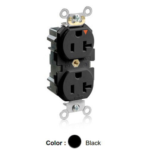 Leviton MT563-IGE, Lev-Lok Straight Blade Duplex Receptacle, Heavy-Duty Industrial Specification Grade, Smooth Face, Tamper-Resistant, Isolated Ground, 20A 125V, NEMA 5-20R, 2-Pole, 3-Wire, Modular Terminals, Black