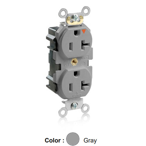 Leviton MT563-IGG, Lev-Lok Straight Blade Duplex Receptacle, Heavy-Duty Industrial Specification Grade, Smooth Face, Tamper-Resistant, Isolated Ground, 20A 125V, NEMA 5-20R, 2-Pole, 3-Wire, Modular Terminals, Gray