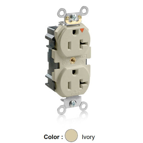 Leviton MT563-IGI, Lev-Lok Straight Blade Duplex Receptacle, Heavy-Duty Industrial Specification Grade, Smooth Face, Tamper-Resistant, Isolated Ground, 20A 125V, NEMA 5-20R, 2-Pole, 3-Wire, Modular Terminals, Ivory
