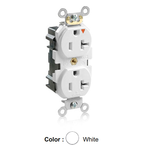 Leviton MT563-IGW, Lev-Lok Straight Blade Duplex Receptacle, Heavy-Duty Industrial Specification Grade, Smooth Face, Tamper-Resistant, Isolated Ground, 20A 125V, NEMA 5-20R, 2-Pole, 3-Wire, Modular Terminals, White