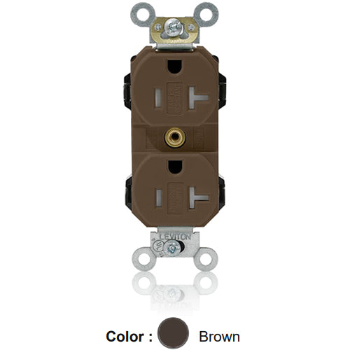 Leviton MT563-S, Lev-Lok Straight Blade Duplex Receptacle, Heavy-Duty Industrial Specification Grade, Smooth Face, Tamper-Resistant, 20A 125V, NEMA 5-20R, 2-Pole, 3-Wire, Modular Terminals, Brown