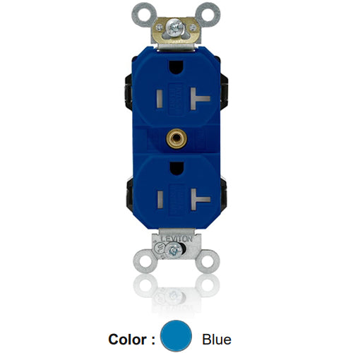 Leviton MT563-SB, Lev-Lok Straight Blade Duplex Receptacle, Heavy-Duty Industrial Specification Grade, Smooth Face, Tamper-Resistant, 20A 125V, NEMA 5-20R, 2-Pole, 3-Wire, Modular Terminals, Blue