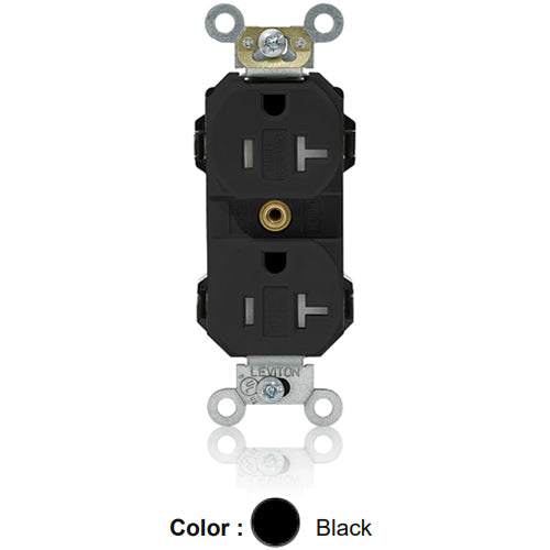 Leviton MT563-SE, Lev-Lok Straight Blade Duplex Receptacle, Heavy-Duty Industrial Specification Grade, Smooth Face, Tamper-Resistant, 20A 125V, NEMA 5-20R, 2-Pole, 3-Wire, Modular Terminals, Black